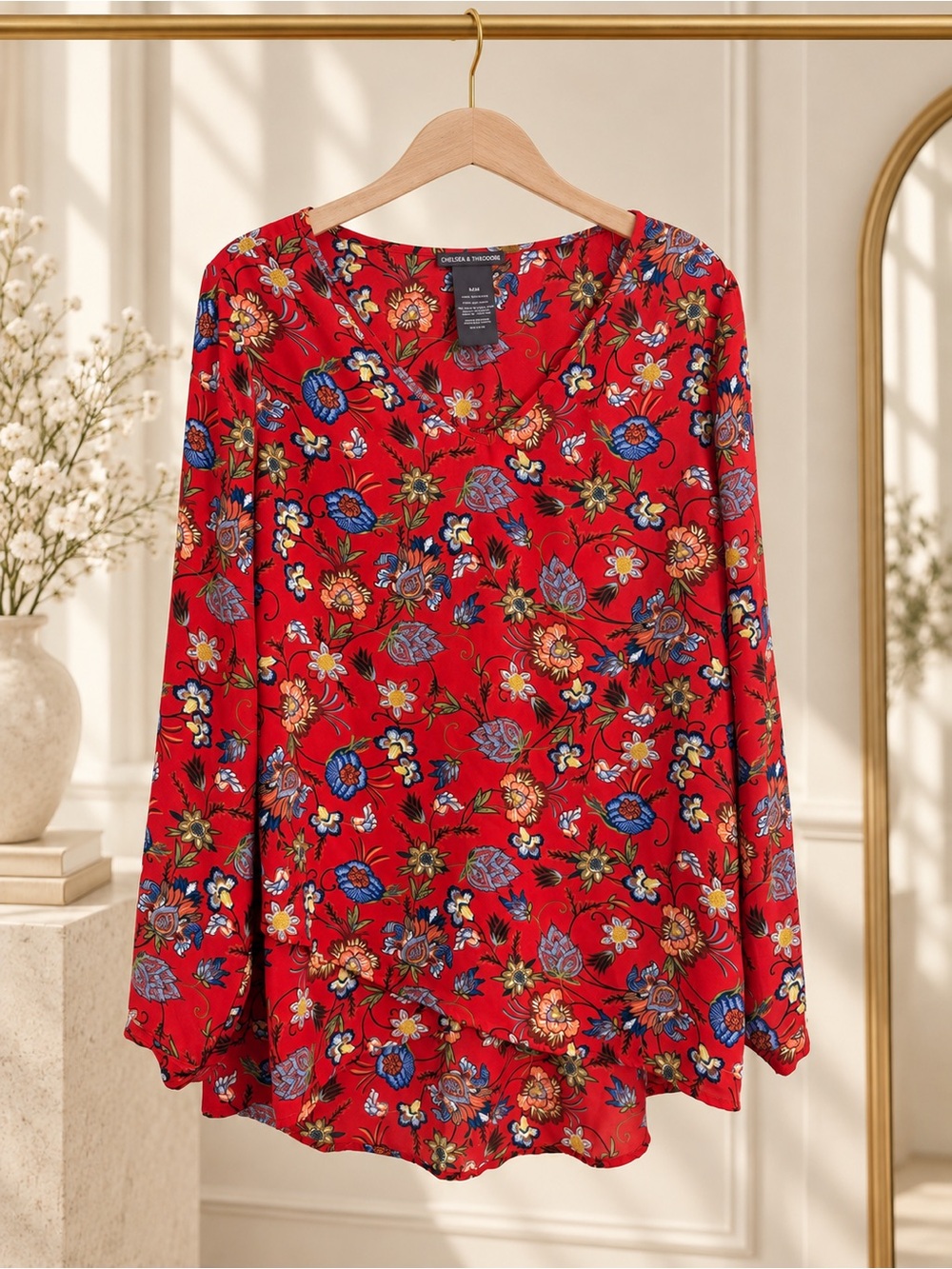 Chelsea & Theodore Red Floral Crossover Hi-Low Tunic Blouse M